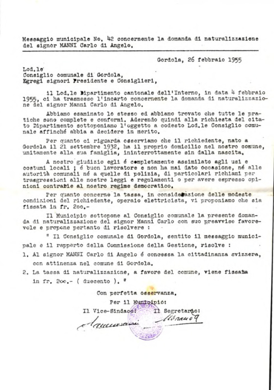 Gordola : Messaggio municipale Nro. 42