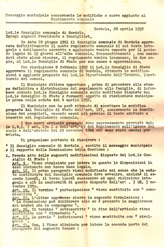 Gordola : Messaggio municipale 28 aprile 1952