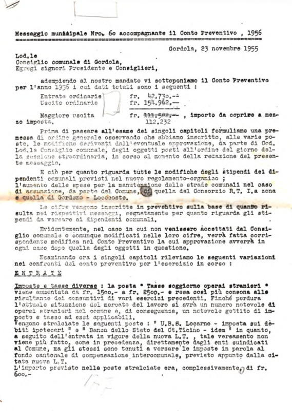 Gordola : Messaggio municipale Nro. 60