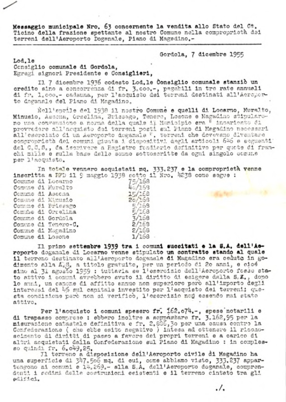 Gordola : Messaggio municipale Nro. 63
