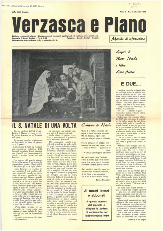 Verzasca e Piano : mensile di informazione, anno II, n. 12,  dicembre 1968