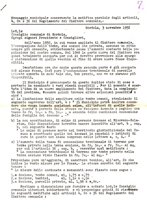 Gordola : Messaggio municipale 3-11-1952