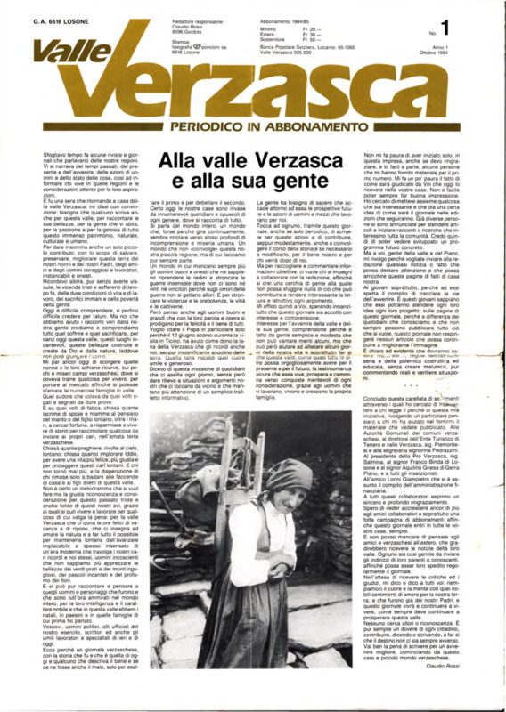 Valle Verzasca e Piano : periodico in abbonamento, n. 1 - Anno I, Ottobre 1984