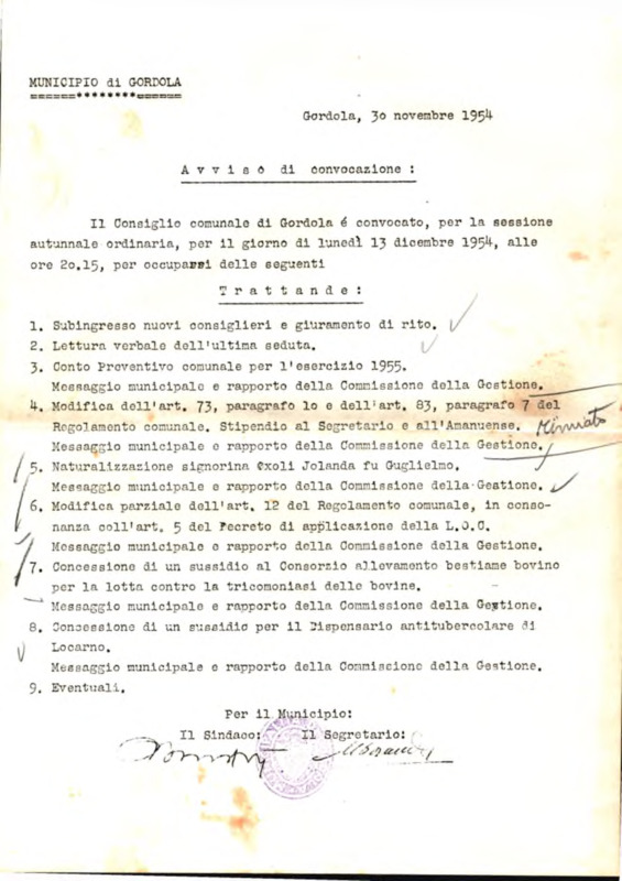 Gordola : Avviso di convocazione