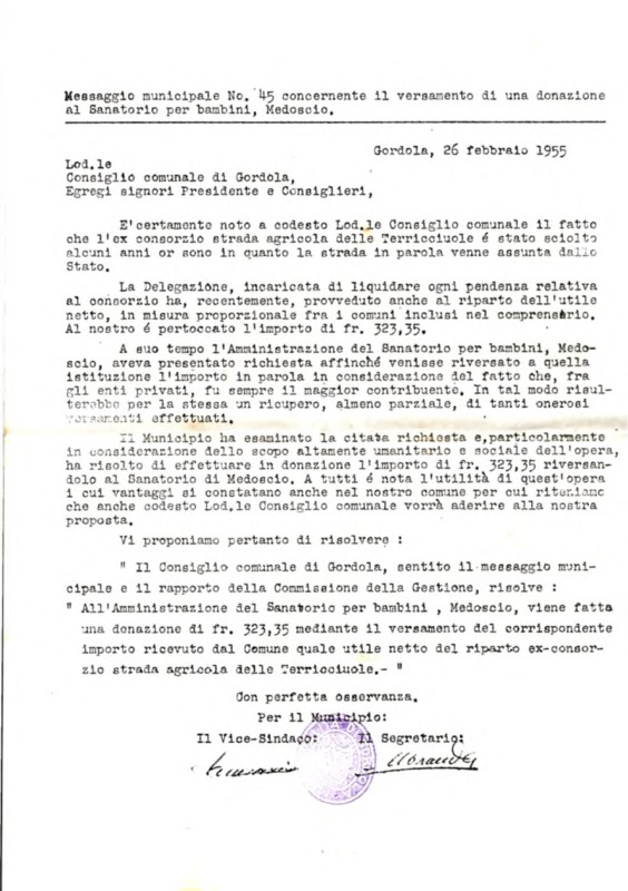 Gordola : Messaggio municipale Nro. 45