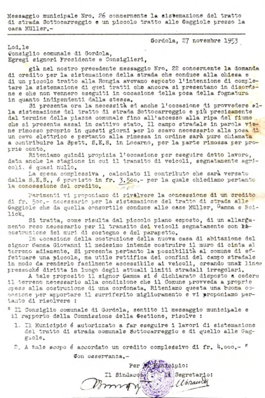 Gordola : Messaggio municipale Nro. 26