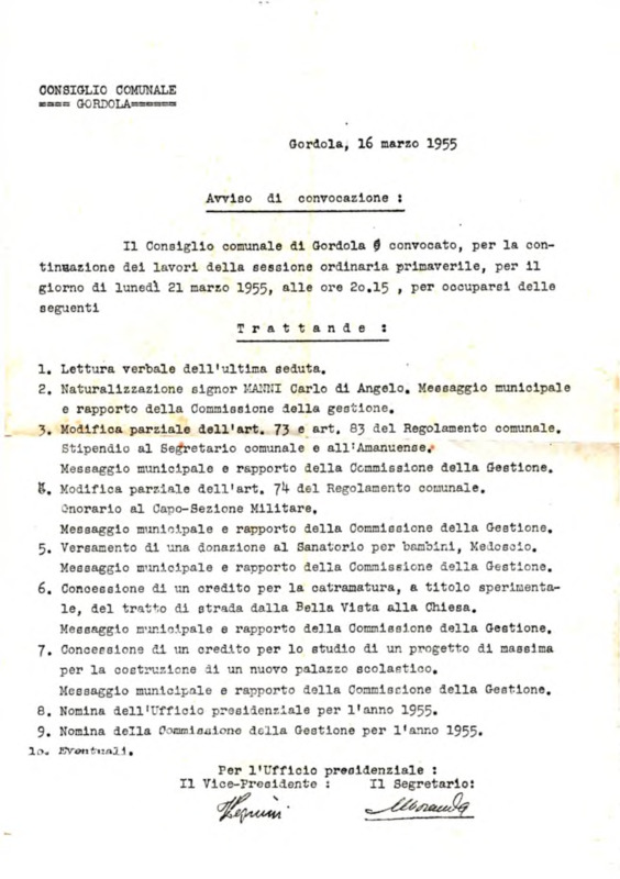 Gordola : Avviso di convocazione
