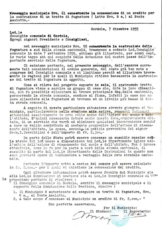 Gordola : Messaggio municipale Nro. 61