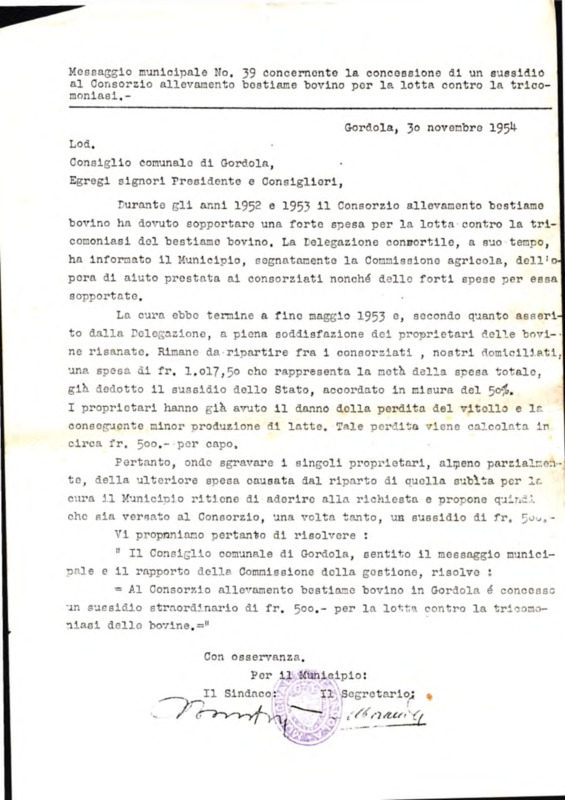 Gordola : Messaggio municipale Nro. 39