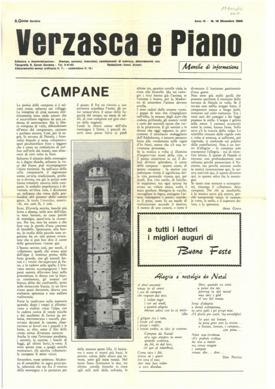 Verzasca e Piano : mensile di informazione, anno III, n. 12, dicembre 1969