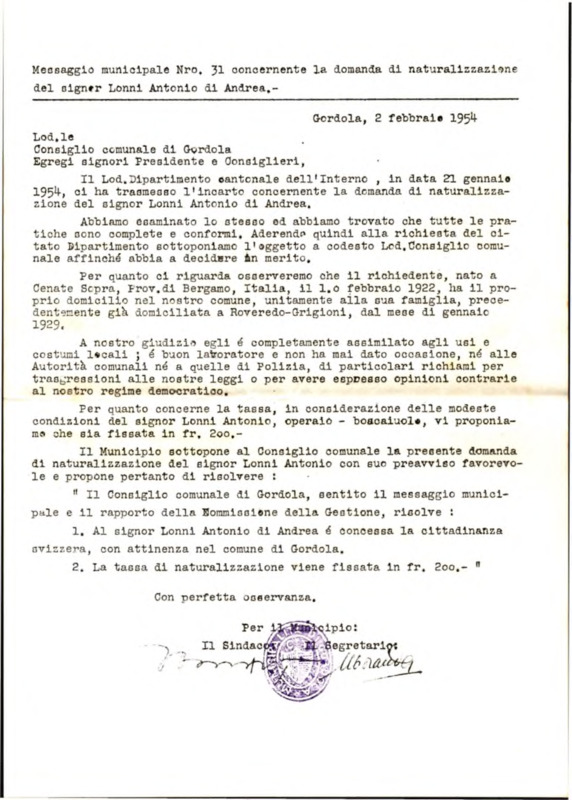 Gordola : Messaggio municipale Nro. 31