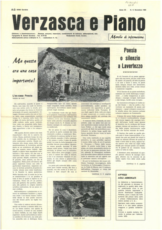 Verzasca e Piano : mensile di informazione, anno III, n. 11, novembre 1969